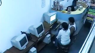 A guy masturbates his cock with webcam in the Internet cafe