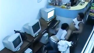 A guy masturbates his cock with webcam in the Internet cafe