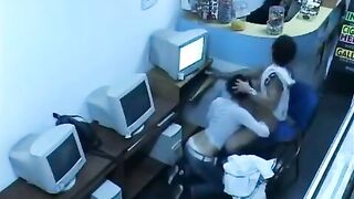 A guy masturbates his cock with webcam in the Internet cafe