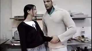 A young man fucked a virgin in the kitchen hard