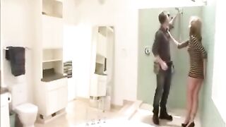 Plumber fucked the wife in the shower and husband knew