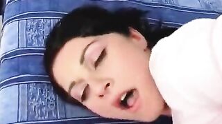 Brunette teen gets her face covered with cum after anal sex