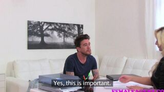 Passionate couple have sex right on the couch wearing pantyhose