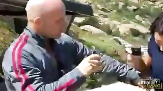 First sex of a burning brunette with a guy she met on the way