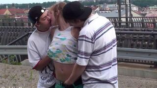 An amateur girl with natural breasts fucks with two guys in a steamy threesome