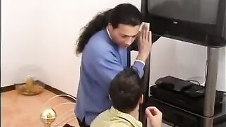 Two guys paid themselves with a sexy blonde for repairing the TV set
