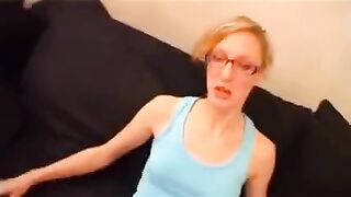 Skinny French teen with glasses gets banged on the couch