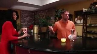 Sexy brunette with big fake tits fucks the bartender