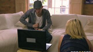 A depraved blonde woman fucks with her daughter's boyfriend on the couch