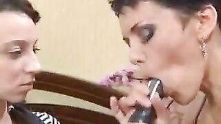 A mother is giving a lesson to her Russian daughter in blowjob skills