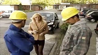 The girl in black pantyhose gets her pussy smashed on the porn set