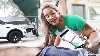 Girl takes her car to the garage for a repair 4K