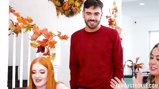 A Thanksgiving Tie Breaker - amazing threesome sex on the couch