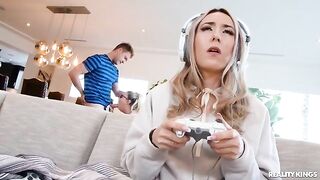 A hot nerd girl in glasses fucks with her boyfriend's friend in the ass