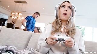 A hot nerd girl in glasses fucks with her boyfriend's friend in the ass