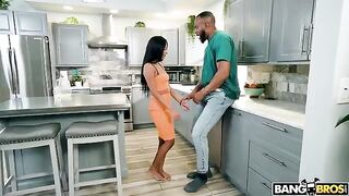 A man with a huge cock fucked a girl in the kitchen