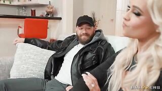 The naughty wife loves money and fucks with her husband on the couch