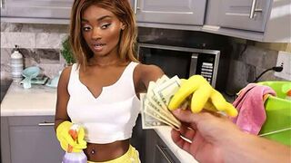 A black maid gets a messy cumshot on her face for money