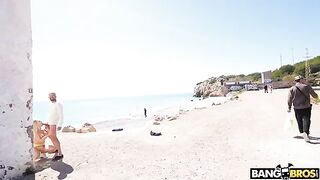 Bald guy fucked blondie in crazy anal pose on the beach