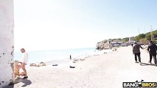 Bald guy fucked blondie in crazy anal pose on the beach