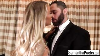 Samantha Saint is having fun with a young man in the hotel room
