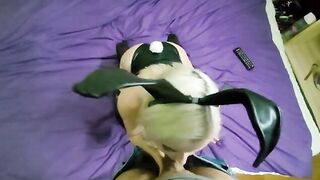 A young bunny is trying to reach the balls when sucking a dick