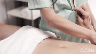 A masseuse gives a happy end to this massage session