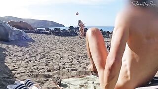 Two girls got caught by a naked beach exhibitionist, almost embarrassed