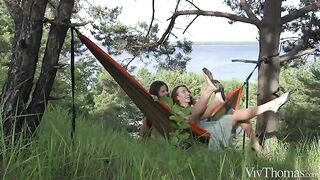 A girl gets a tan in her intimate area with a lesbian partner