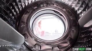 A girl was helped by a guy with vibration of the washing machine