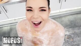 Hot brunette Sofia Lee with huge natural tits bounces on the cock in the kitchen