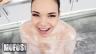Hot brunette Sofia Lee with huge natural tits bounces on the cock in the kitchen