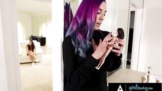A stacked witch with colored hair gets her pussy rubbed and fucked hard by Angela White in a steamy Girlsway scene
