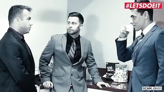 Two hot babes seduced and fucked their rich boss in an office scene