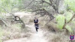 A sweaty workout ends with a passionate session on the public trail for this stunning brunette
