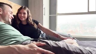 The girl is too loaded with clothes, so the guy wants to take them off