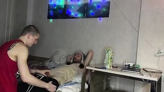 The girl has sex with her boyfriend and his friend, the guys fuck her in the pussy