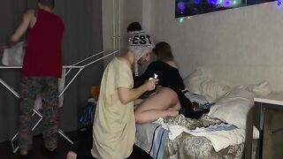 The girl has sex with her boyfriend and his friend, the guys fuck her in the pussy