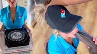 A girl is having fun with the delivery man who brought her pizza