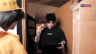 Girl rubs herself, imagining a thrilling scenario with a delivery man through the crack