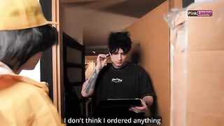 Girl rubs herself, imagining a thrilling scenario with a delivery man through the crack