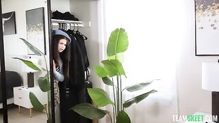Appetizing brunette in panties has sex on the couch and begs him not to stop