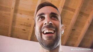 A blonde woman caresses herself and gets a cumshot on her tits