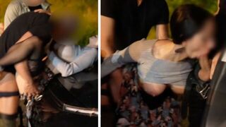 A woman has sex with three guys in the car, an amazing view!
