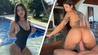 Petite teen gets fucked in the pool by horny neighbor
