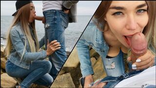 A hot blonde named Veronika Charm gave a blowjob outdoors