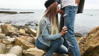 A hot blonde named Veronika Charm gave a blowjob outdoors