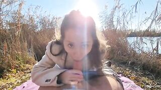 A petite girl, Mini Julia, had sex with a stranger near the lake