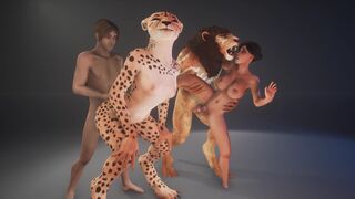 Furry girls are getting fucked by a big cock monster in an orgy