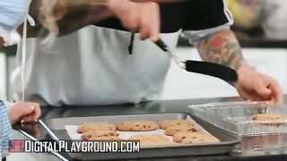 A hot blonde, Khloe Kapri, bakes cookies in a sexy apron, showcasing her petite frame
